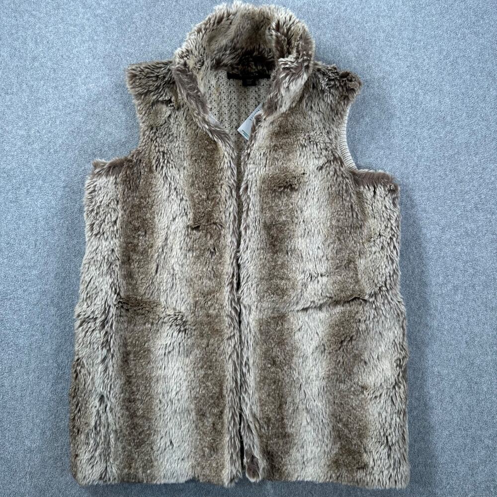 89th & Madison Faux Fur Knit Vest Women's Medium Beige Brown Sleeveless